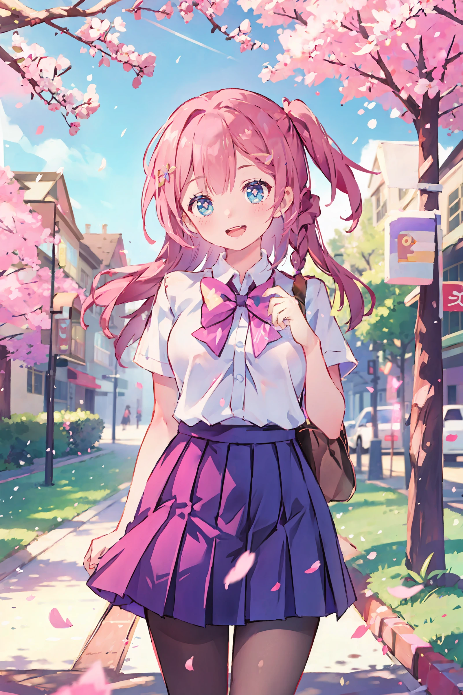 Super fine illustrations、{{solo girl}}、{pretty girl}、cowboy shot, (no hat:1.5)、beautiful hair、{scarlet color hair}、{medium hair}、wavy hair、, {blue color eyes}、wink、beautiful eyes、one eye closed、{school uniform}, {blazer}、smile、lushing cheeks、open mouth、cherry blossom sky、{Graduation ceremony}、{masterpiece}、{ultra quality}、{beautiful detailed eyes}、{beautiful detailed glow},