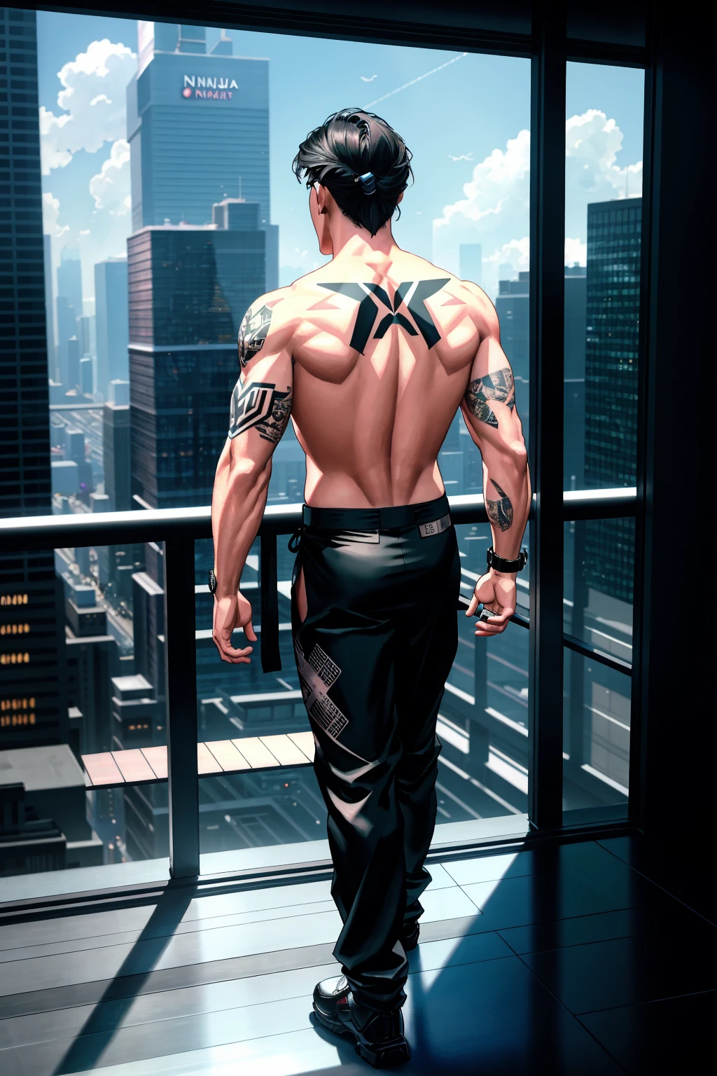 masterpiece of photorealism, photorealistic highly detailed professional 8k raw photography, best hyperrealistic quality, volumetric real-time lighting and shadows, Back View Shot, Male Philanthropist, Diamond Body Shape, Ninja Warrior Outfit, Textured Comb Over, Showing Tattoo, Futuristic Skywalks full of busy people