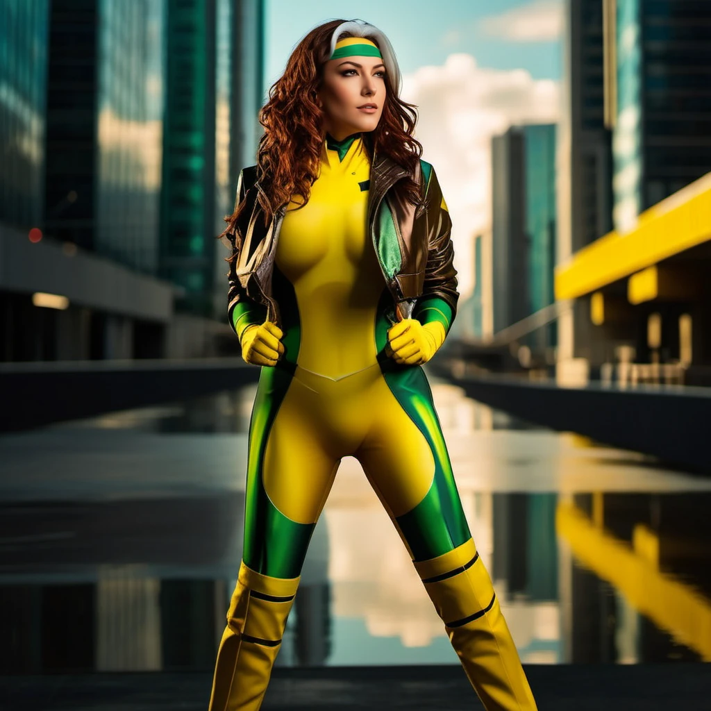 Rogue1024, a woman, portrait, wears a yellow and green superhero suit and a jacket, cyberpunk city background, highly detailed,  photography, ultra sharp, film, professional, 64k  <lora:add-detail-xl:1.5> <lora:Rogue1024:0.8>