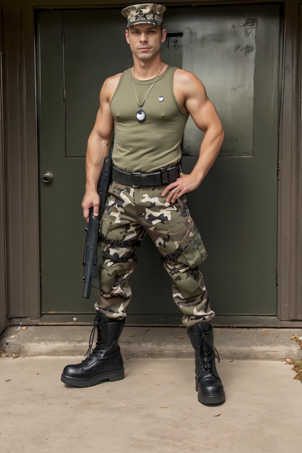 military office, guarding door on military base, (standing at attention), DevinFranco, sexysoldier, military police, (camouflage pants), tank top, green socks, (dog tags), (black boots), (army boots), gun in holster, ((full body portrait)), wide angle,<lora:Clothing - Sexy Soldier_v1:0.7>   <lora:DevinFranco-000006:0.8>