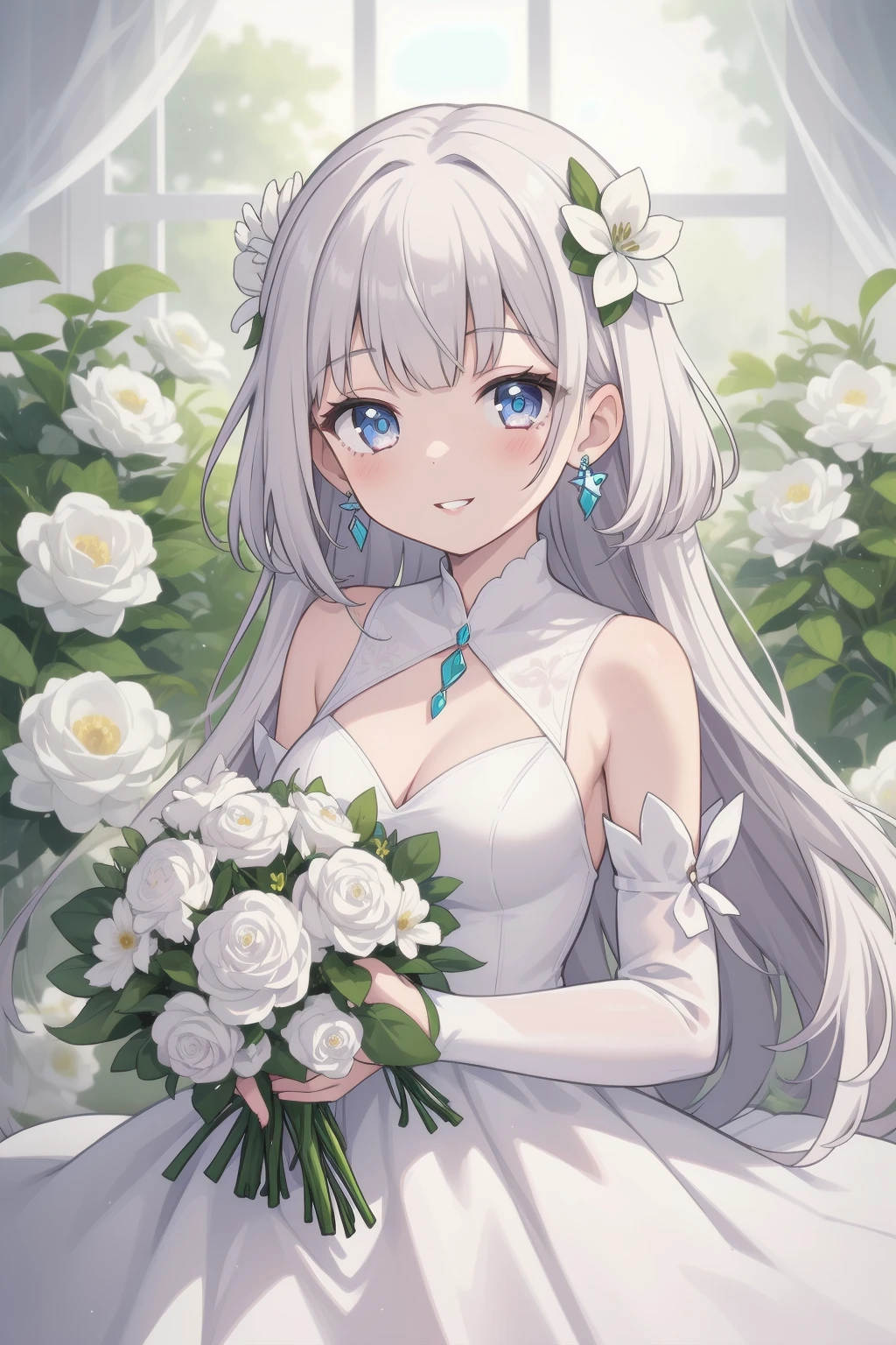1girl, flower, dress, hair ornament, looking at viewer, white dress, detached sleeves, holding, white flower, bangs, hair flower, earrings, smile, jewelry, parted lips, bouquet ,