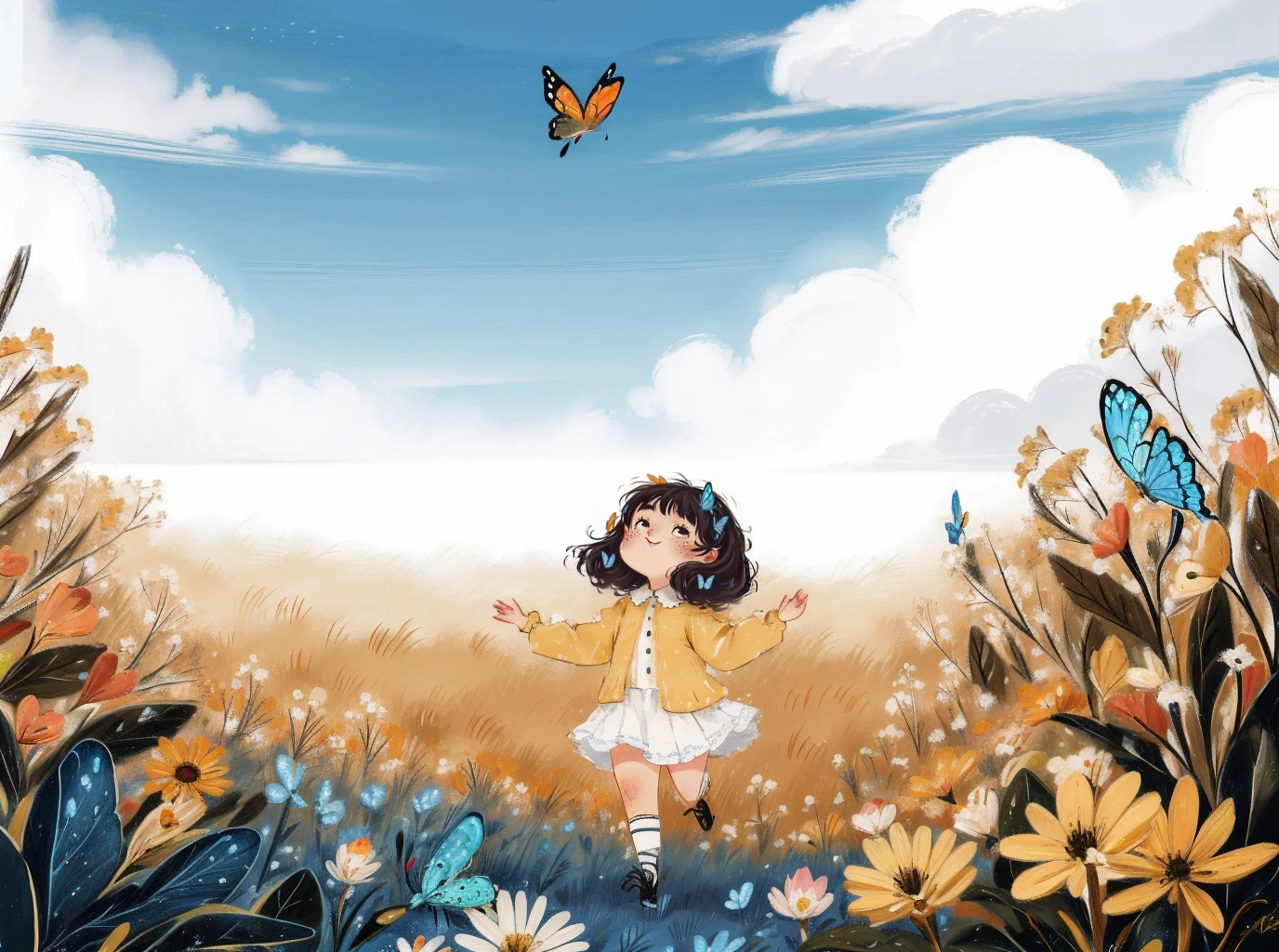 best quality,masterpiece,ultra high res,paiting,1girl,solo,crayon drawing,
white flower,((a girl to play with a butterfly)),play,cloud,smile,cloudy sky,outdoors,black hair,sky,surreal,freckles,black eyes,running,take the insect net,