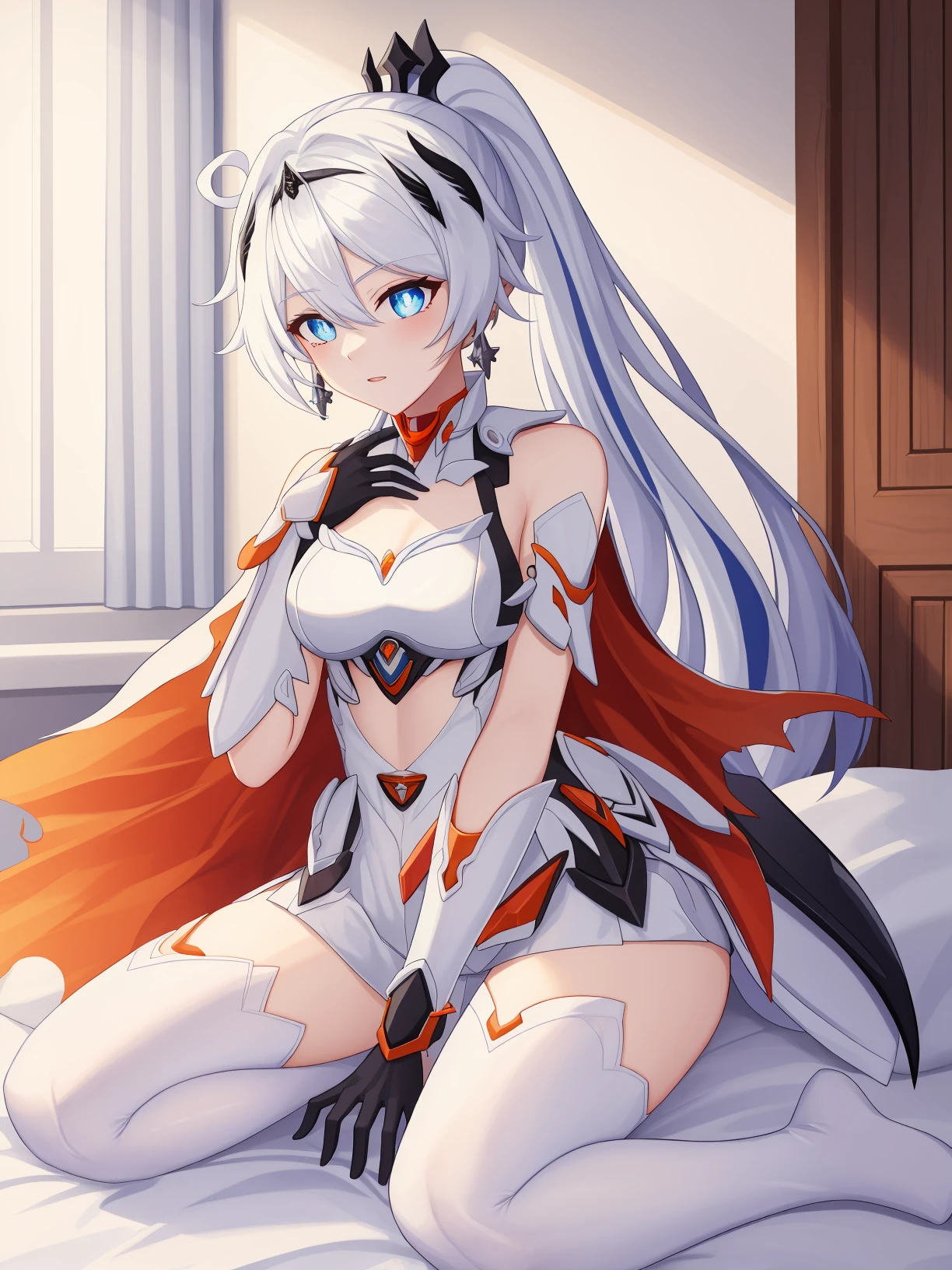 kiana kaslana,kiana kaslana \\\(herrscher of flamescion\\\),ponytail,white thigh boots,white armor,orange earrings,torn cape,black hair ornament,gauntlets,blue eyes,white thighhighs,
bedroom,indoors,
<lora:kiana2-000010:1>,, 1girl,
,  (masterpiece,best quality:1.2),absurdres