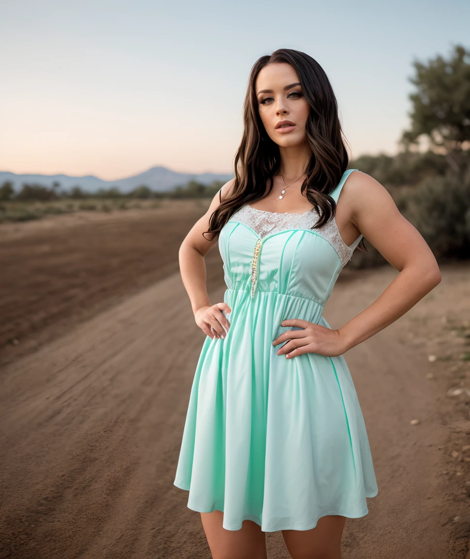 cinematic photo , lens flare, realistic, depth of field, RAW photo,  <lora:quiron_KatrinaJade_v1_lora:0.47> KatrinaJadeQuiron woman, a woman Dressed in the (style of Western Bard  shabby outfit  Heavy Mint Modern toga-inspired dress) (with Sky Islands in the background ),  Standing with hands on hips, making a silly face,     . 35mm photograph, film, bokeh, professional, 4k, highly detailed