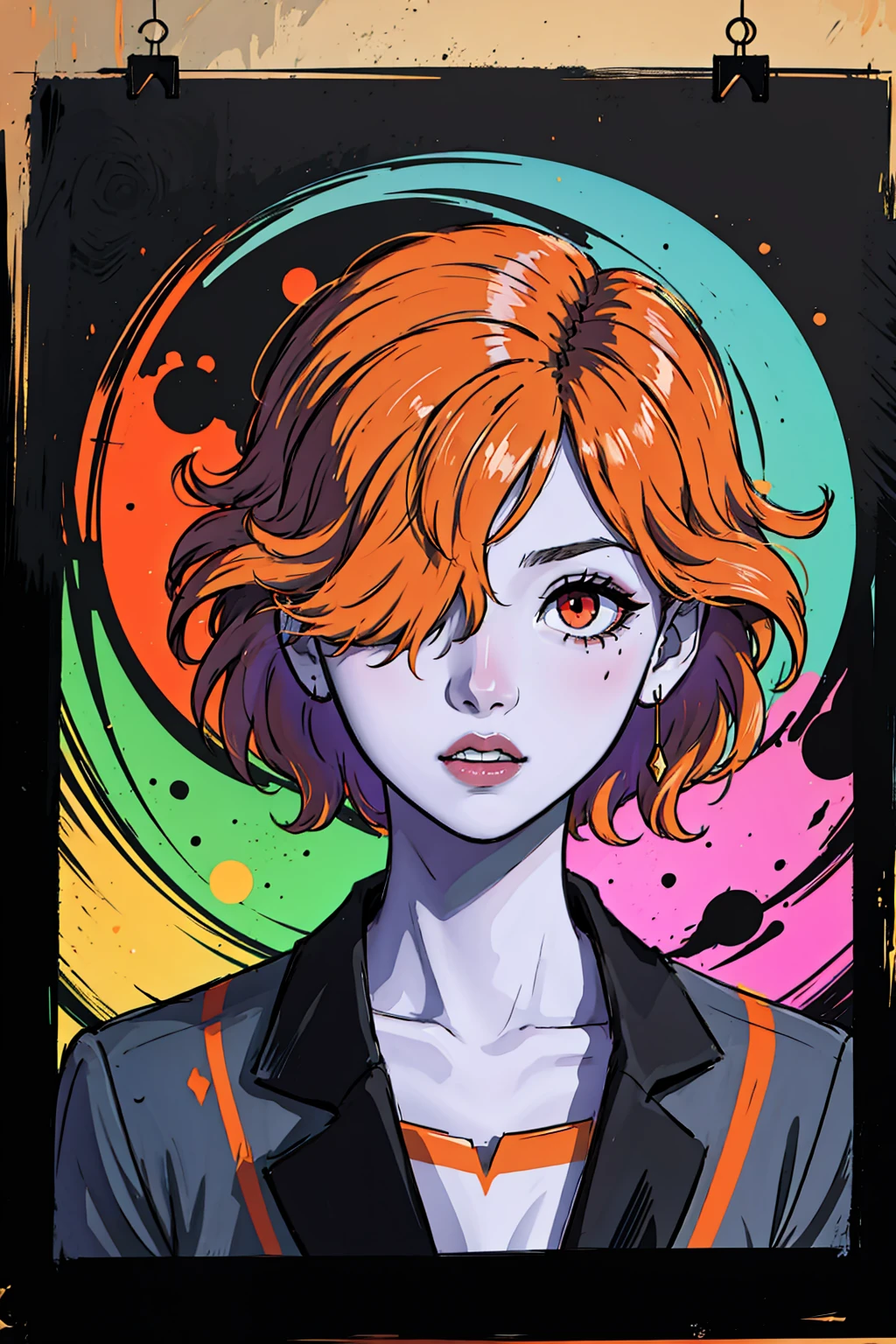 1girl, solo, 70s style psychedelic poster shop: a shop selling vibrant and trippy psychedelic posters featuring iconic '70s artwork and imagery
BREAK
EPefKronya, <lora:EPefKronya-08:0.8>
BREAK
Red eyes, orange hair, pale skin, hair over one eye,
BREAK
blazer
BREAK
pom-pom pants
BREAK
perfect lighting and textures,
perfect surface refraction and dispersion,
ultrarealistic materials and hair,
vibrant pastel colors,
masterpiece, 8k, HDR, best quality, absurdres