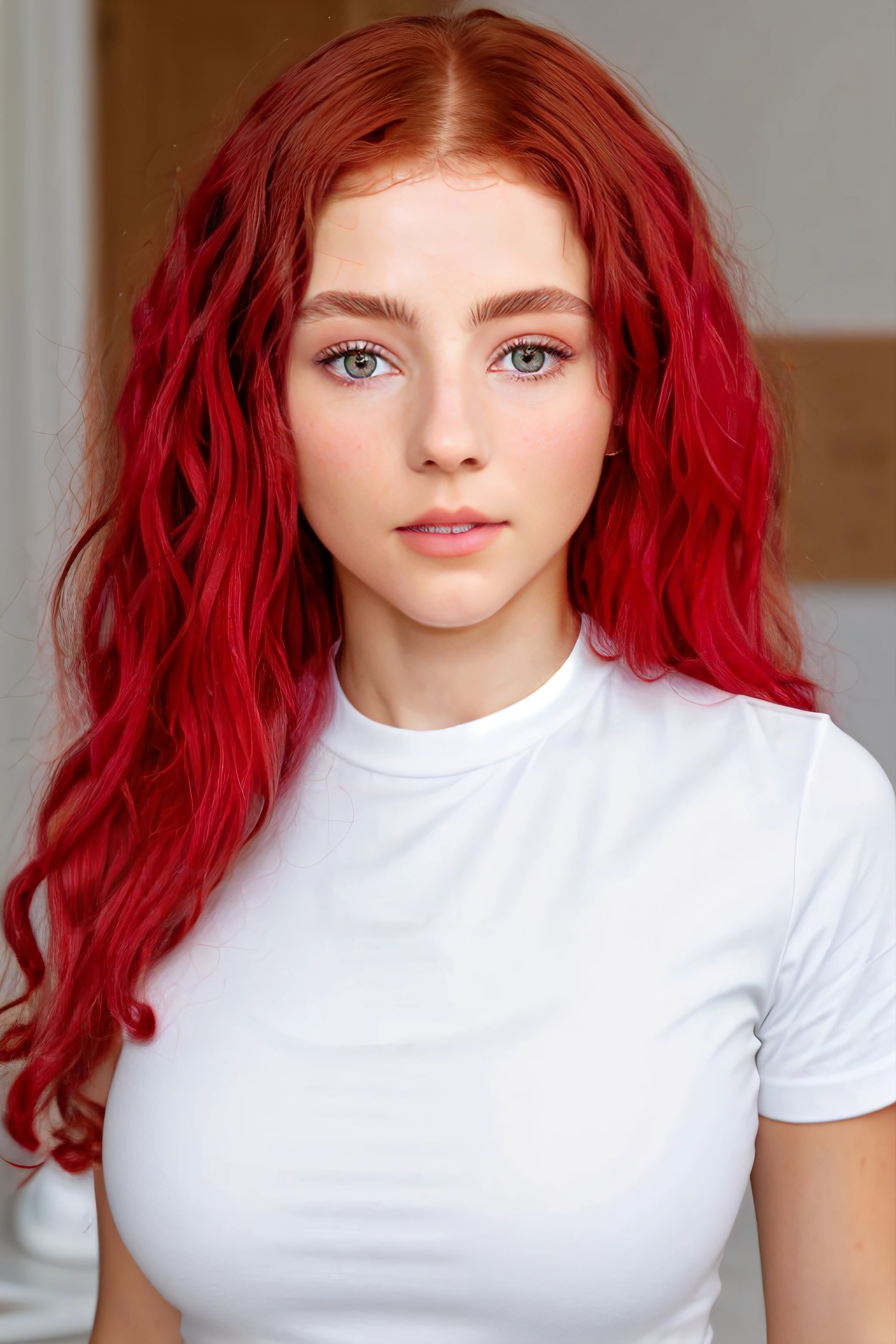 th0m4s1nm, 1girl, face, red curly hair, white shirt