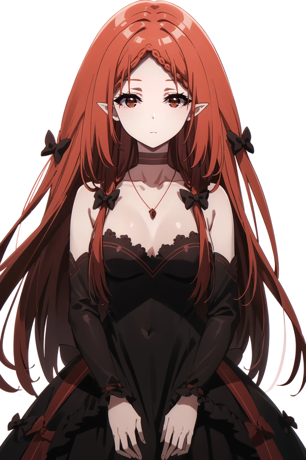 <lora:Elizabeth_KNJ:1> elizabethdef, long hair, red hair, red eyes, bow, braided bang, pointy ears, upper body, portrait, 
white background, jewelry, necklace, dress, detached sleeves, black dress, simple background, standing, looking at viewer, frills, frilled dress,