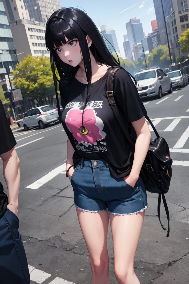 masterpiece, best quality, absurdres, 1girl, solo, Oryou, t-shirt, denim shorts, standing, outdoors, city, hands in pockets, <lora:CHAR-Oryou:1>