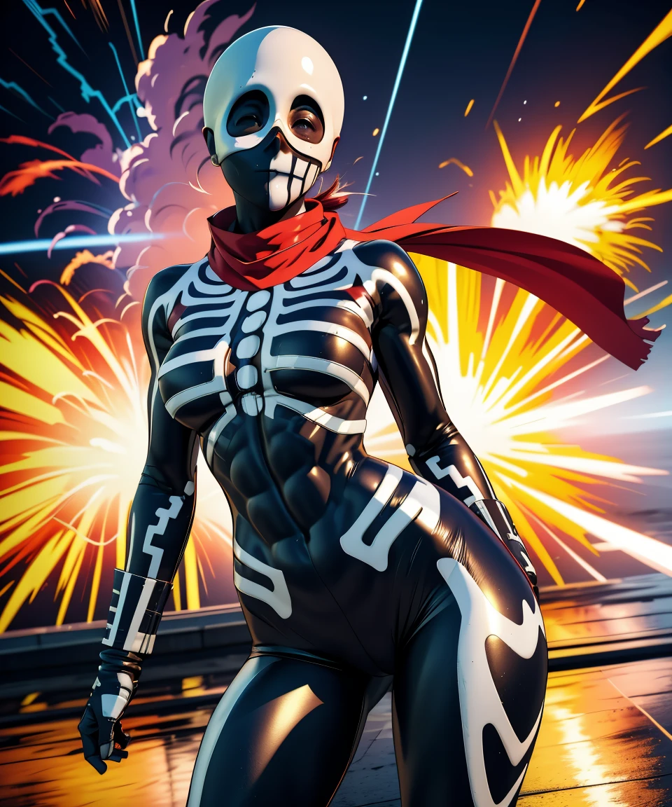 Skullomania,bodysuit,skin tight,long red scarf,mask,
hips,toned,
standing,explosion,
(insanely detailed, beautiful detailed face, masterpiece, best quality),solo,<lora:Skullomania-10KOFEX:0.9>,