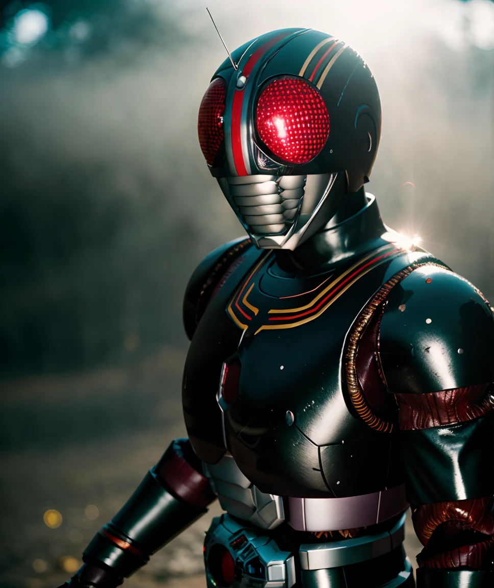 cinematic photo , lens flare, realistic, depth of field, RAW photo,   <lora:quiron_KamenriderBlack_v1_lora:0.87> KamenRiderQuiron character,  (hero pose), Over The Shoulder Shot, fog,  . 35mm photograph, film, bokeh, professional, 4k, highly detailed