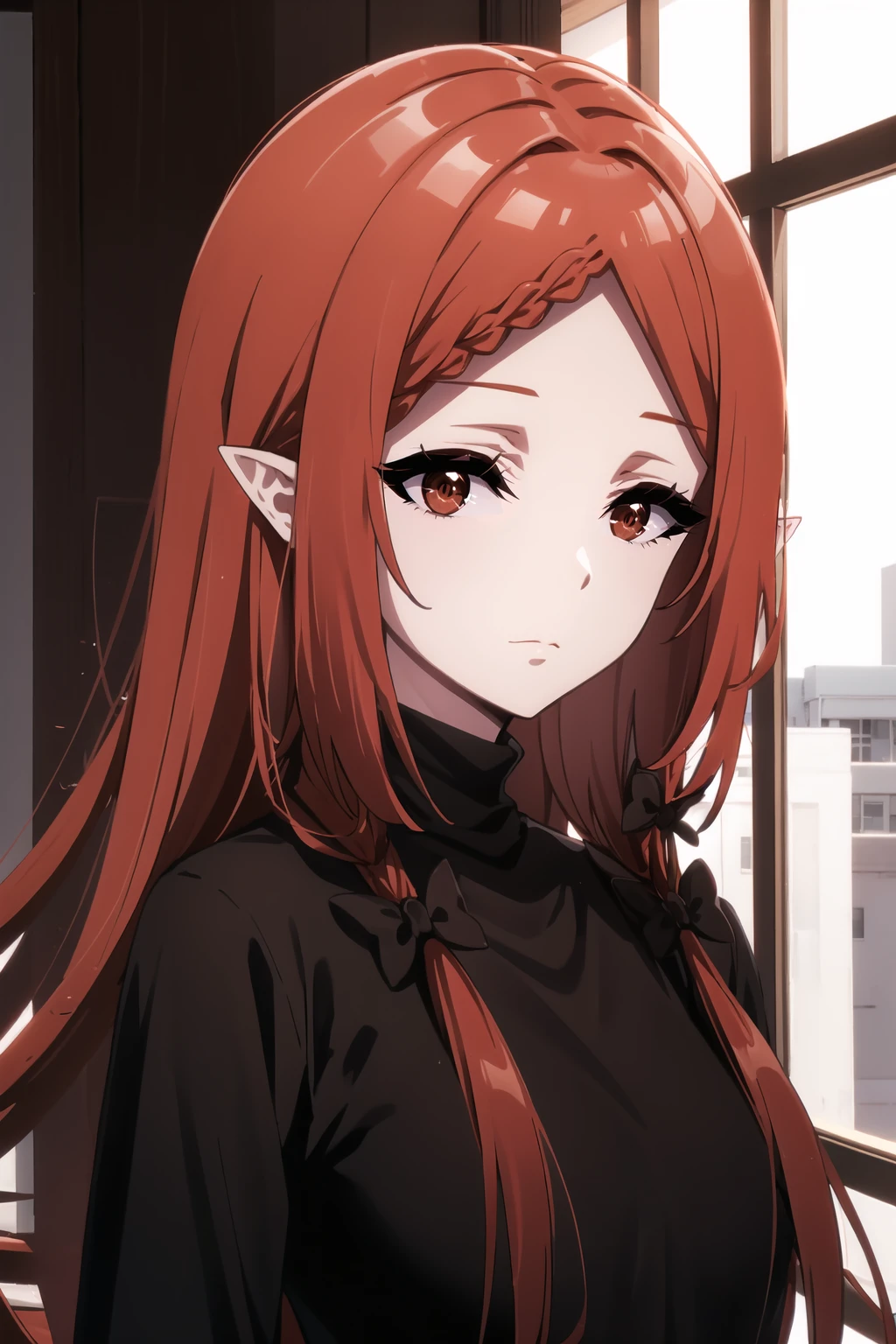 <lora:Elizabeth_KNJ:1> elizabethdef, long hair, red hair, red eyes, hair bow, braided bang, pointy ears, upper body, portrait,
turtleneck sweater, turtleneck, black sweater, long sleeves,