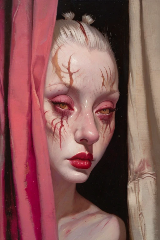 Ray Caesar, Dariusz Zawadzki, (Oilpainting), closeup, cloudy white eyes, pink eyeshadow, white makeup, scars, red lips, masterpiece, peeking from behind curtains, oil paint, gallery, sensitive, detailed skin, amazing composition, intricate details, (chiaroscuro), (lowbrow, lowbrow art),
-HDR, contrast, glossy, 3drender, overexposed,hat, cap,
Steps: 20, Sampler: DPM++ 2M Karras, Guidance Scale: 6.5, Seed: 75585775, Size: 512x768, Model: ps85_fp16_f16.ckpt, Strength: 1.0, Seed Mode: NVIDIA GPU Compatible