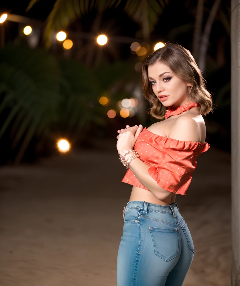 cinematic photo , lens flare, realistic, depth of field, RAW photo, <lora:quiron_RitaFaltoyano_v2_lora:0.97> RitaFaltoyanoQuiron woman, a woman Dressed in the (style of Oversized white collared shirt worn off-the-shoulder, tucked into a pleated metallic flared skirt with stiletto heels. Heavy Coral Jeans and t-shirt with Silk scarf) (with Starry Beach in the background ), Dancing, hands clapping above the head, . 35mm photograph, film, bokeh, professional, 4k, highly detailed
