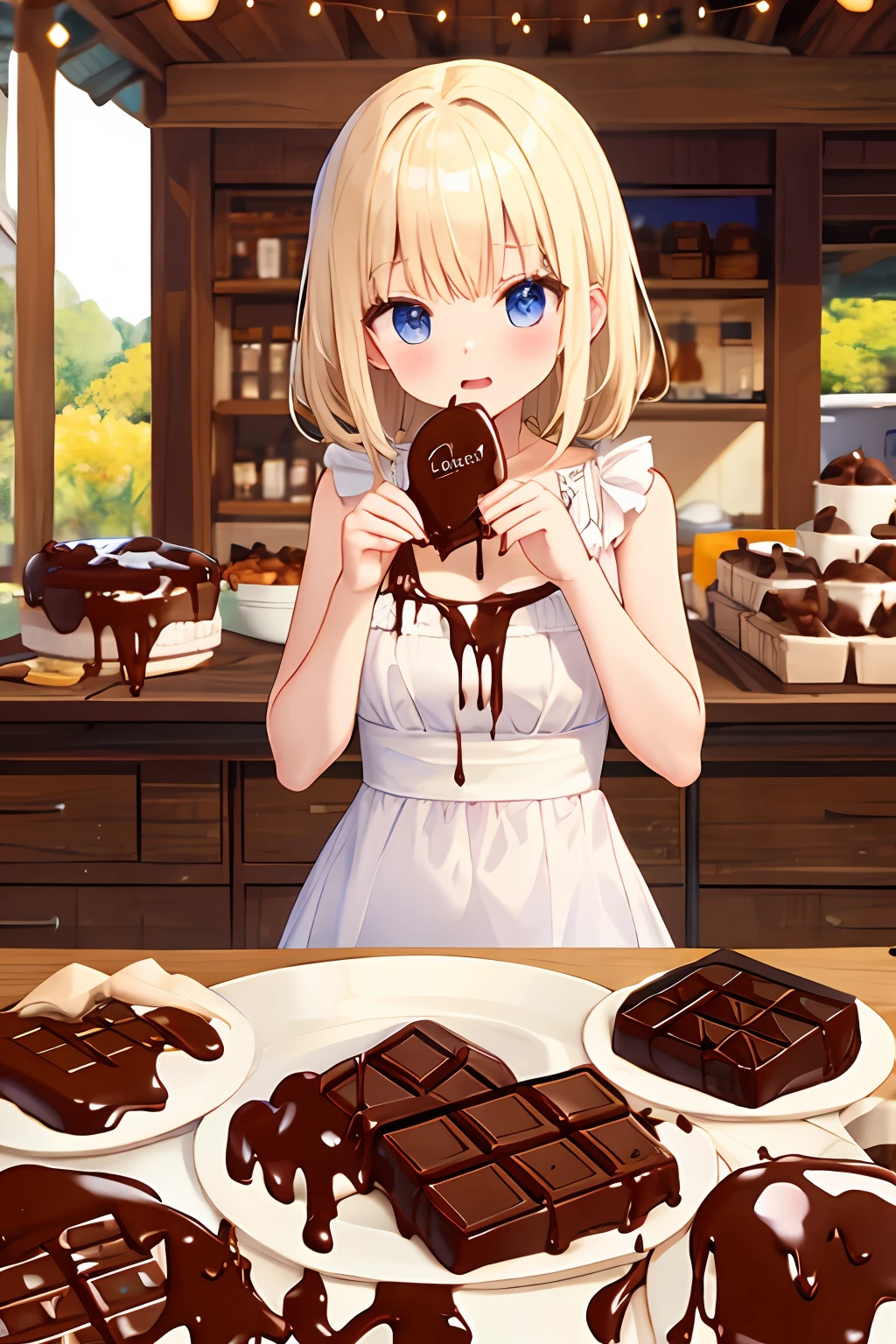 <lora:echocolate_09_ver:0.3>, echocolate, chocolate,chocolate on white dress,lady,out door,Platinum Blonde hair,