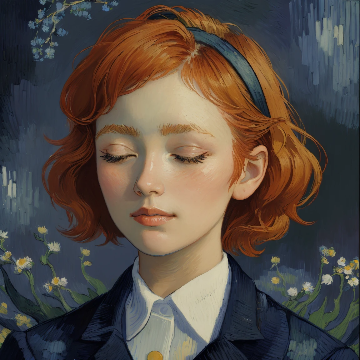 face closeup,closed eyes,redhead,dark theme, detailed skin, empty background,van gogh,impressionism,