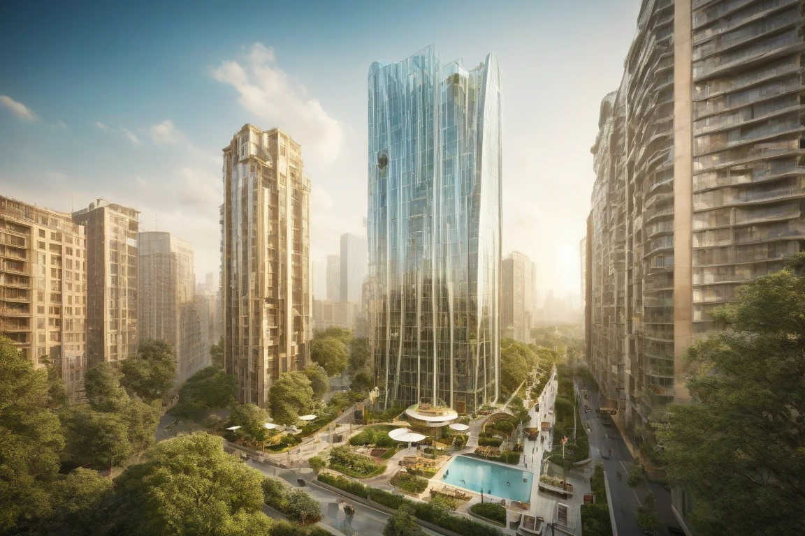 (a modern design skyscraper,  with a large tower and a pool in the middle of it,  surrounded by tall buildings,  futuristic:1.4), 
(Curved highways and viaducts,  streamlined building shapes,  glass curtains,  vertical elevators:1.3),  (building greening:0.8), 
(large file,  super realistic,  perfect,  photograpy,  construction sales photograpy,  Interior design,  super high resolution,  cinematic photography:1.2),  (amazing,  mystery,  Spectacular,  Luxurious,  elegance,  perfect design,  harmonious color:1.1), 
[:(Door details,  Window details,  Railing details,  Staircase details,  Furniture details,  Appliance details,  Vehicle details,  Leaf details,  Stone texture,  Wood texture,  Marble texture,  Cement texture,  metal texture,  glass texture:0.4):0.85], 
(blurred background:1.4), 
[(background,  more_details:0.3),  (more_details:0.6),  (more_details:0.8), 
(more_details:1.2):0.65], aw0k illuminate, vertical,<lora:EMS-59651-EMS:0.800000>,<lora:EMS-259973-EMS:0.800000>