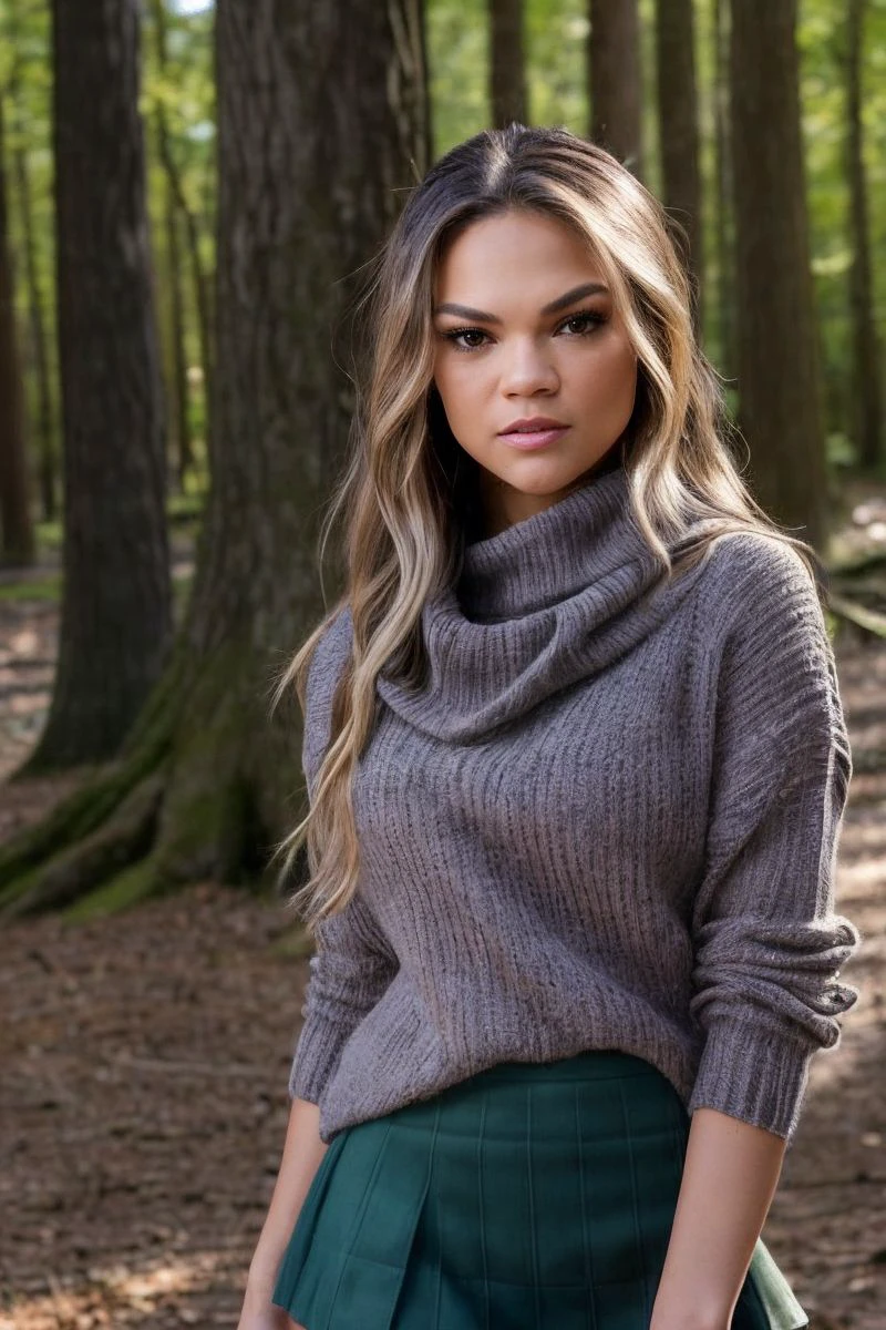 photo of S140_AthenaFaris_v2,a stylish woman,in a (forest:1.1),wearing a (cowlneck-sweater:1.1) and a (skirt),(sunset),(4k, RAW photo, best quality, depth of field, ultra high res:1.1),(absurdres, intricate, photorealistic, masterpiece, ultra-detailed:1.1),