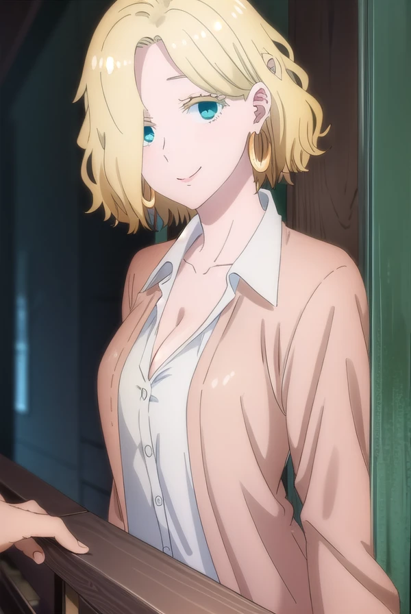 ferrisolston, <lora:ferris olston s1-lora-nochekaiser:1>,
ferris olston, short hair, blonde hair, (green eyes:1.3), mature female, smile,
BREAK shirt, cleavage, jewelry, collarbone, jacket, white shirt, earrings, collared shirt, brown jacket, hoop earrings,
BREAK indoors,
BREAK looking at viewer, (cowboy shot:1.5),
BREAK <lyco:GoodHands-beta2:1>, (masterpiece:1.2), best quality, high resolution, unity 8k wallpaper, (illustration:0.8), (beautiful detailed eyes:1.6), extremely detailed face, perfect lighting, extremely detailed CG, (perfect hands, perfect anatomy),