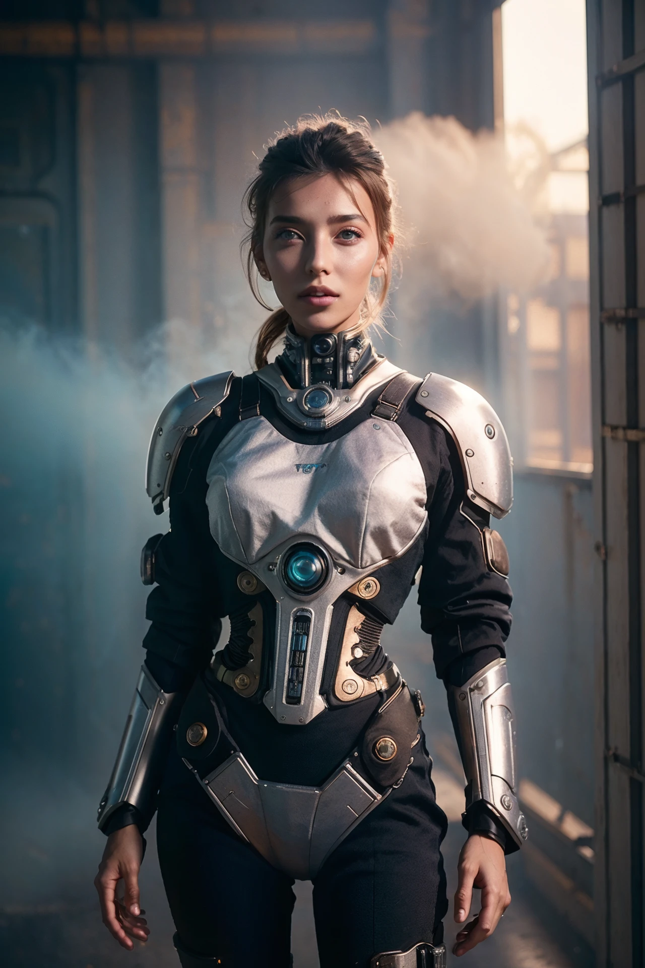 a young woman, postapocalypse, cyborgdiffusion, (retrofuturism), steampunk, silky skin, ((full body height)), (skin texture:1.2), (high detailed skin:1.3), ambient smoke, haze, (photorealism), (hyperrealism), cinematic, grain of old film, 8k uhd, dslr, hdr, retro color <lora:Regina_Todorenko_640x960:0.85>