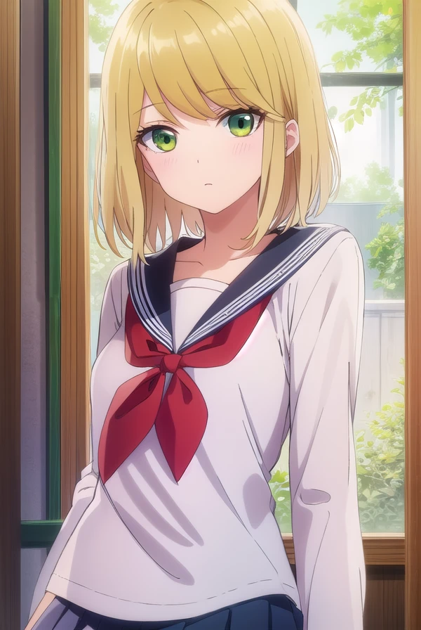 desumimagahara, <lora:desumi magahara s1-lora-nochekaiser:1>,
desumi magahara, short hair, blonde hair, (green eyes:1.3),
BREAK skirt, long sleeves, school uniform, pleated skirt, serafuku, sailor collar, neckerchief, red neckerchief,
BREAK indoors, classroom,
BREAK looking at viewer, (cowboy shot:1.5),
BREAK <lyco:GoodHands-beta2:1>, (masterpiece:1.2), best quality, high resolution, unity 8k wallpaper, (illustration:0.8), (beautiful detailed eyes:1.6), extremely detailed face, perfect lighting, extremely detailed CG, (perfect hands, perfect anatomy),