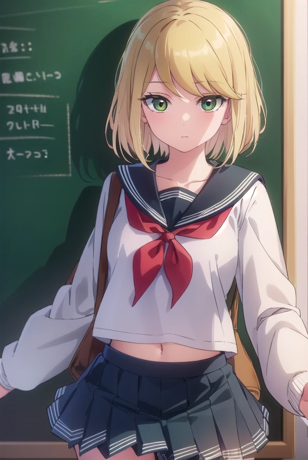 desumimagahara, <lora:desumi magahara s1-lora-nochekaiser:1>,
desumi magahara, short hair, blonde hair, (green eyes:1.3),
BREAK skirt, long sleeves, school uniform, pleated skirt, serafuku, sailor collar, neckerchief, red neckerchief,
BREAK indoors, classroom,
BREAK looking at viewer, (cowboy shot:1.5),
BREAK <lyco:GoodHands-beta2:1>, (masterpiece:1.2), best quality, high resolution, unity 8k wallpaper, (illustration:0.8), (beautiful detailed eyes:1.6), extremely detailed face, perfect lighting, extremely detailed CG, (perfect hands, perfect anatomy),