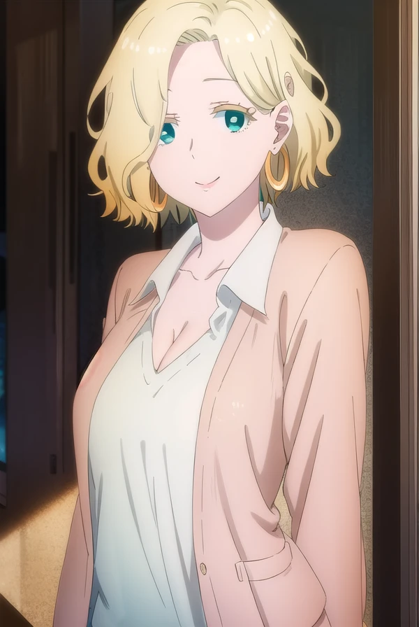 ferrisolston, <lora:ferris olston s1-lora-nochekaiser:1>,
ferris olston, short hair, blonde hair, (green eyes:1.3), mature female, smile,
BREAK shirt, cleavage, jewelry, collarbone, jacket, white shirt, earrings, collared shirt, brown jacket, hoop earrings,
BREAK indoors,
BREAK looking at viewer, (cowboy shot:1.5),
BREAK <lyco:GoodHands-beta2:1>, (masterpiece:1.2), best quality, high resolution, unity 8k wallpaper, (illustration:0.8), (beautiful detailed eyes:1.6), extremely detailed face, perfect lighting, extremely detailed CG, (perfect hands, perfect anatomy),