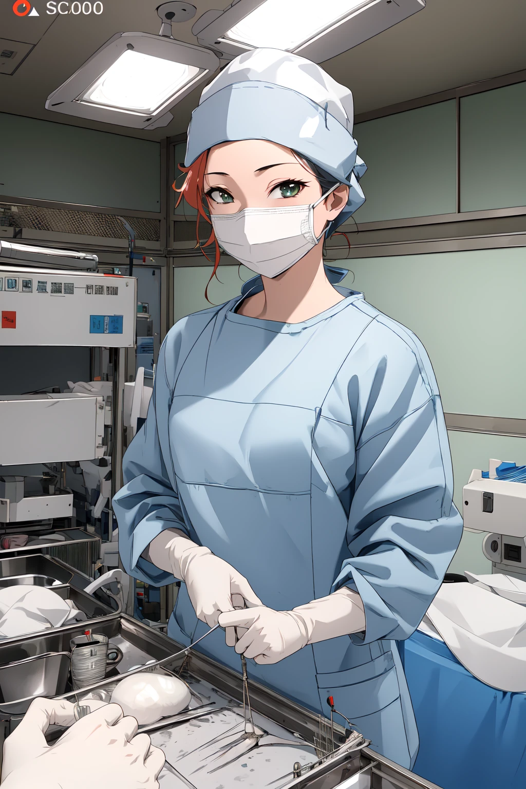 (RAW photo, best quality), 1girl, long sleeve surgical outfit, surgical mask,  surgical gloves, surgical cap,  operating room, overhead surgical light,
 <lora:concept_clothing_surgical_outfits_scrub_nurse_v2_1:0.8> scrub_nurse,
  <lora:innai_kansen_sonoda_itsumi_v2_2-000003:1.1>, soneda itsumi,