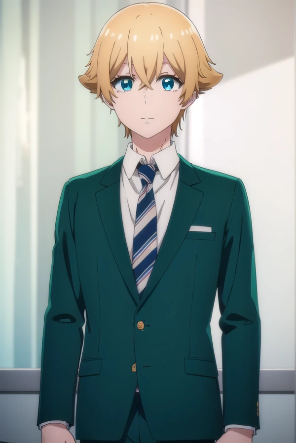 kousukemisaki, <lora:kousuke misaki s1-lora-nochekaiser:1>,
kousuke misaki, short hair, blue eyes, blonde hair, hair between eyes, male focus,
BREAK shirt, long sleeves, school uniform, jacket, white shirt, open clothes, necktie, collared shirt, pants, open jacket, black pants, blazer, red necktie, (green jacket:1.5), brown pants,
BREAK indoors, classroom,
BREAK looking at viewer, (cowboy shot:1.5),
BREAK <lyco:GoodHands-beta2:1>, (masterpiece:1.2), best quality, high resolution, unity 8k wallpaper, (illustration:0.8), (beautiful detailed eyes:1.6), extremely detailed face, perfect lighting, extremely detailed CG, (perfect hands, perfect anatomy),