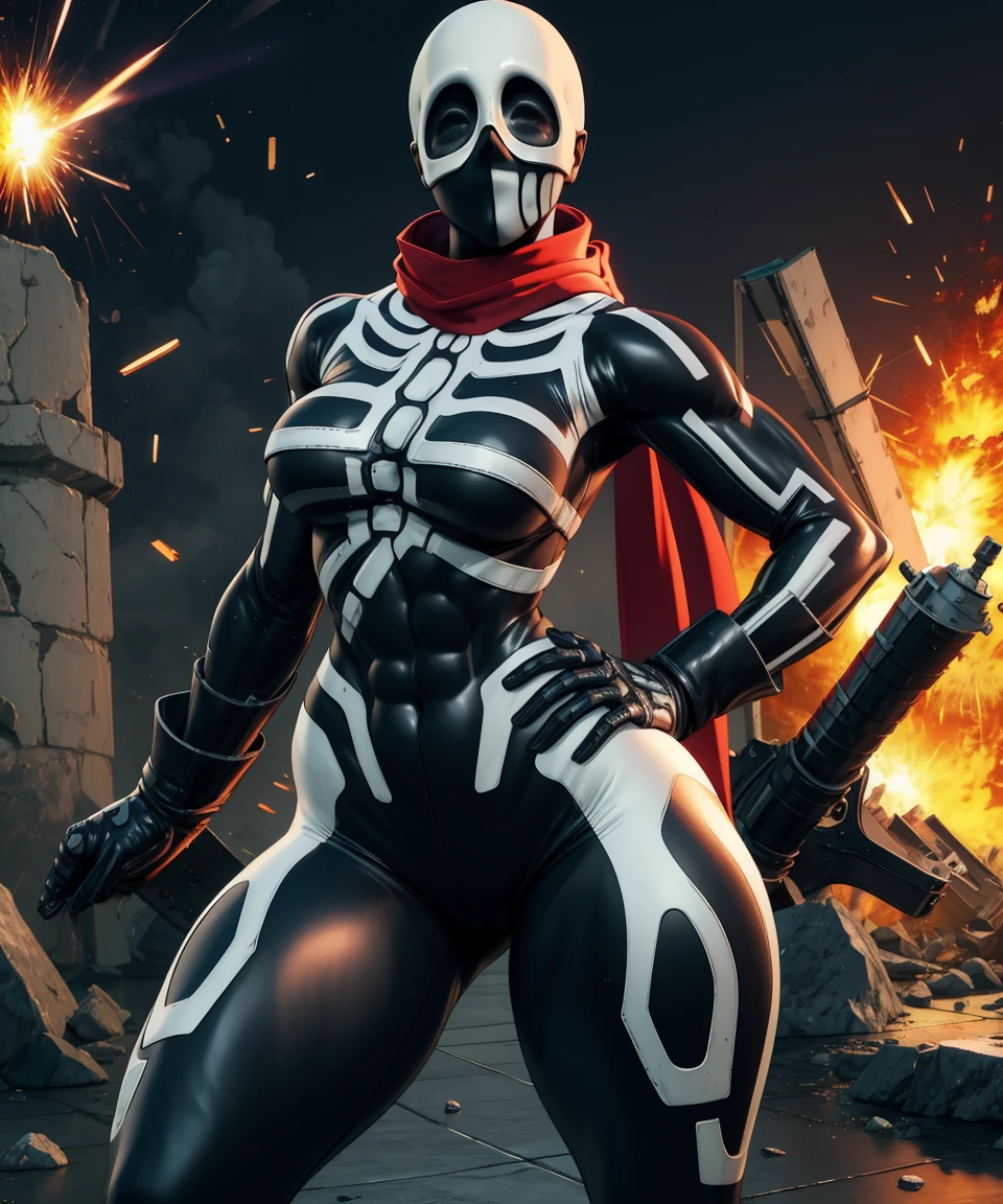 Skullomania,bodysuit,skin tight,long red scarf,mask,
hips,toned,
standing,explosion,
(insanely detailed, beautiful detailed face, masterpiece, best quality),solo,  <lora:Skullomania-10KOFEX:0.9>,