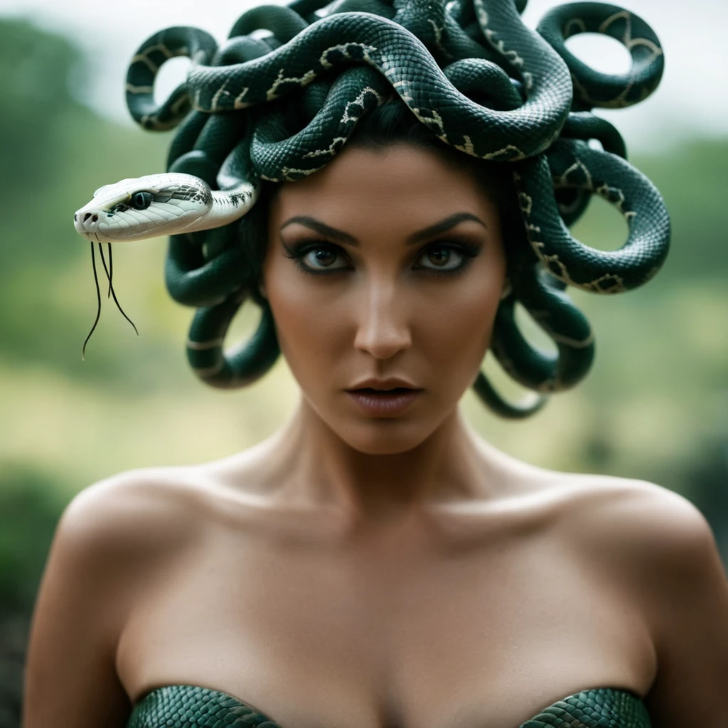 cinematic film still of <lora:Medusa:1>
Medusa a naked breasts woman with a snake on her head In Greek mythology, Medusa, also called Gorgo, a human female with living venomous snakes in place of hair, shallow depth of field, vignette, highly detailed, high budget, bokeh, cinemascope, moody, epic, gorgeous, film grain, grainy