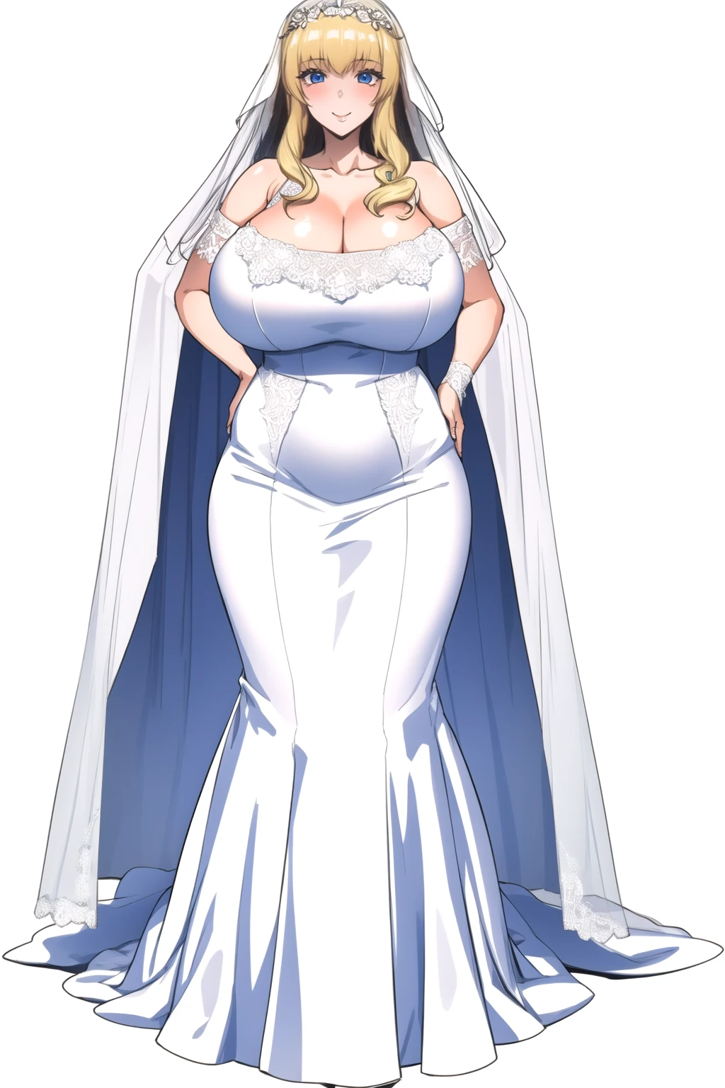 1girl, concept art, full body, looking at viewer, bridal veil, veil, bride, blush, smile, collarbone, white dress, blonde hair, long hair, huge breasts, wedding dress, white background <lora:Erect-Touch:.8>
