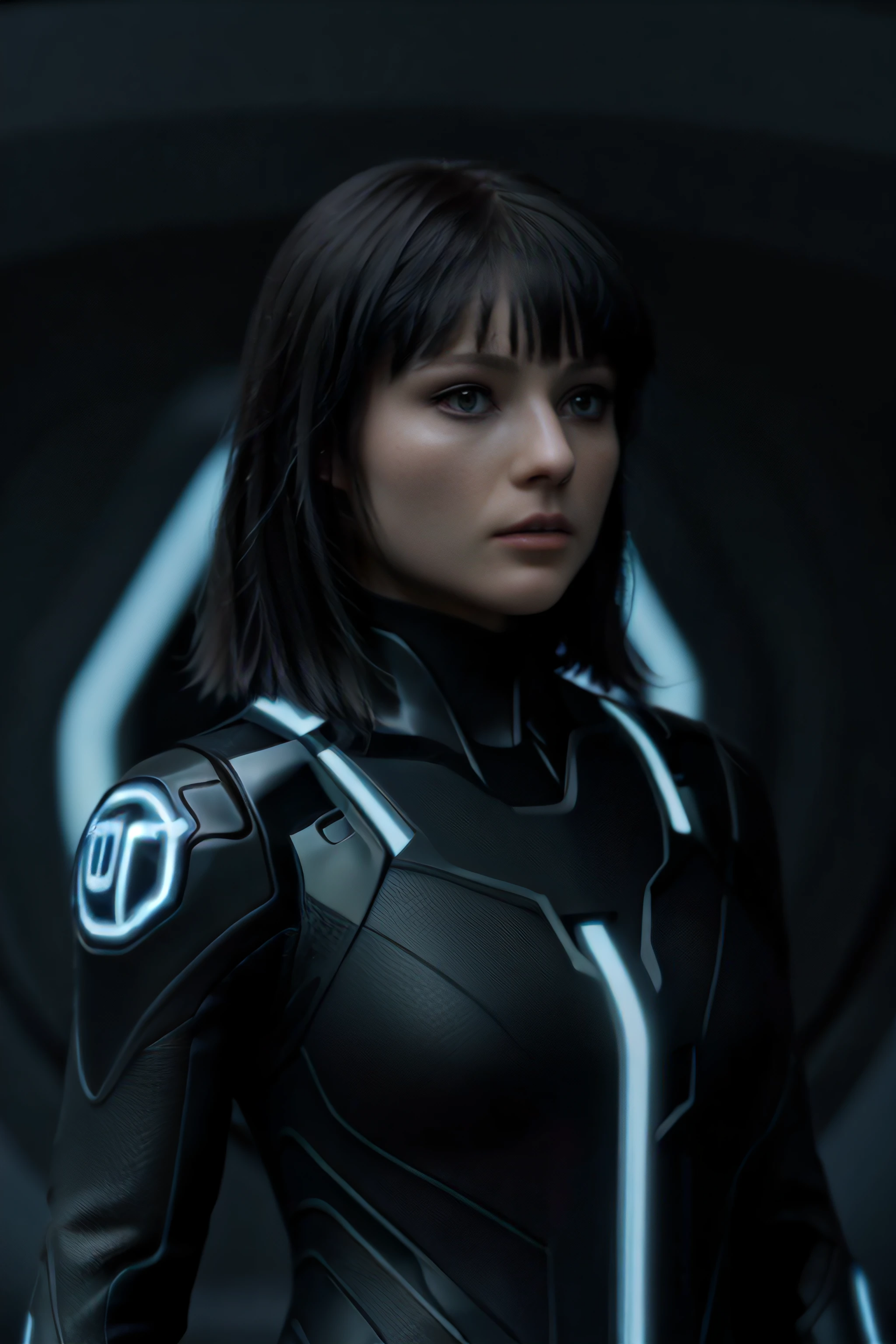 th0m4s1nm, 1girl, face, tr0nl3g4cy, bangs,  sci-fi, black cybersuit, profile shot