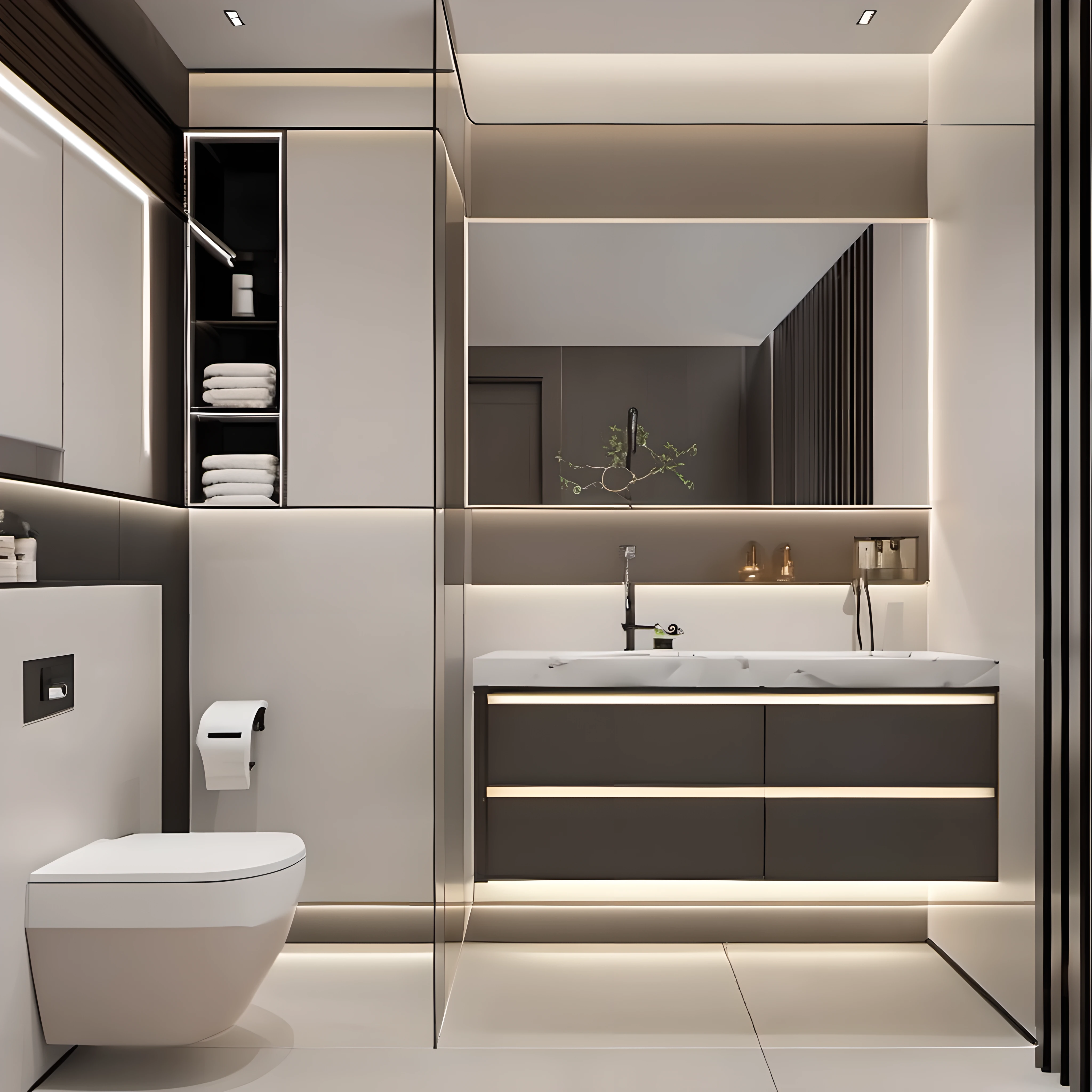 toilet,interior design,toilet,window,glass door,sink,cabinet,mirror,downlights,spotlight,<lora:shinei-000008:0.6>,