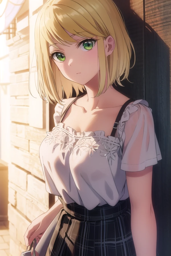 desumimagahara, <lora:desumi magahara s1-lora-nochekaiser:1>,
desumi magahara, short hair, blonde hair, (green eyes:1.3),
BREAK shirt, white shirt, camisole, black camisole, skirt, brown skirt,
BREAK outdoors, park,
BREAK looking at viewer, (cowboy shot:1.5),
BREAK <lyco:GoodHands-beta2:1>, (masterpiece:1.2), best quality, high resolution, unity 8k wallpaper, (illustration:0.8), (beautiful detailed eyes:1.6), extremely detailed face, perfect lighting, extremely detailed CG, (perfect hands, perfect anatomy),