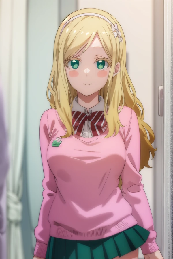 carololston, <lora:carol olston s1-lora-nochekaiser:1>,
carol olston, long hair, blonde hair, (green eyes:1.3), bow, hairband, bowtie, blush stickers, smile,
BREAK skirt, thighhighs, school uniform, pleated skirt, sweater, white thighhighs, zettai ryouiki, pink sweater, pink cardigan,
BREAK indoors,
BREAK looking at viewer, (cowboy shot:1.5),
BREAK <lyco:GoodHands-beta2:1>, (masterpiece:1.2), best quality, high resolution, unity 8k wallpaper, (illustration:0.8), (beautiful detailed eyes:1.6), extremely detailed face, perfect lighting, extremely detailed CG, (perfect hands, perfect anatomy),