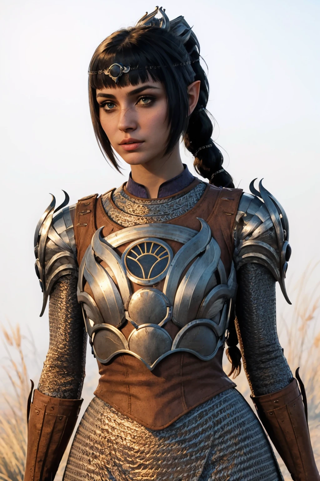 (masterpiece, best quality:1.2), <lora:shadowheart:1>, shadowheart, 1girl, solo, looking at viewer, breasts, armor, shoulder armor, pointy ears, braid, breastplate, bangs, pauldrons, ponytail, hair ornament, scar, white background, simple background,