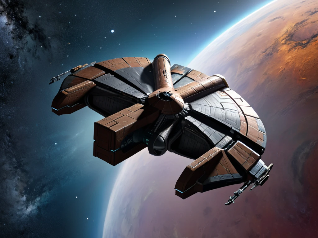 a 4K photo of the ebonhawk spacecraft, top front view, from left,no humans, star (sky), science fiction, realistic, space, starry background, planet beautiful, masterpiece, high detail, dynamic angle, colorful <lora:ebonhawksdxl_lora:0.8>