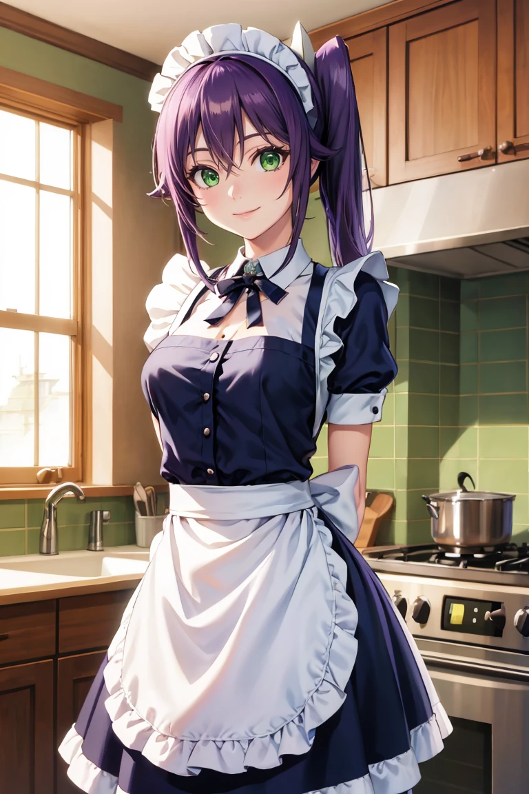 masterpiece, best quality, absurdres, AmenoSagiri, green eyes, side ponytail, shuriken hair ornament, maid, maid headdress, maid apron, kitchen, arms behind back, smile, <lora:AmenoSagiri:0.9>