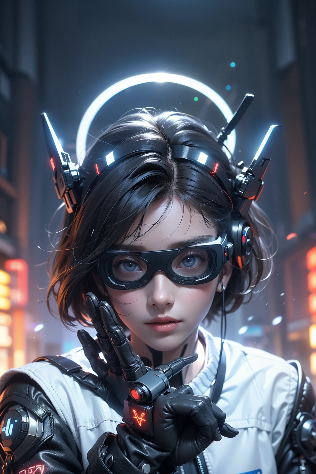 1girl,cyberpunk,science fiction,(head-mounted display:1.3),glowing,vr glasses,vaporwave,
Best quality,masterpiece,ultra high res,highly detailed, 8k, artstation, cinematic, trending on Behance, volumetric lighting, piece is beautiful, sharp focus,, intricate, light