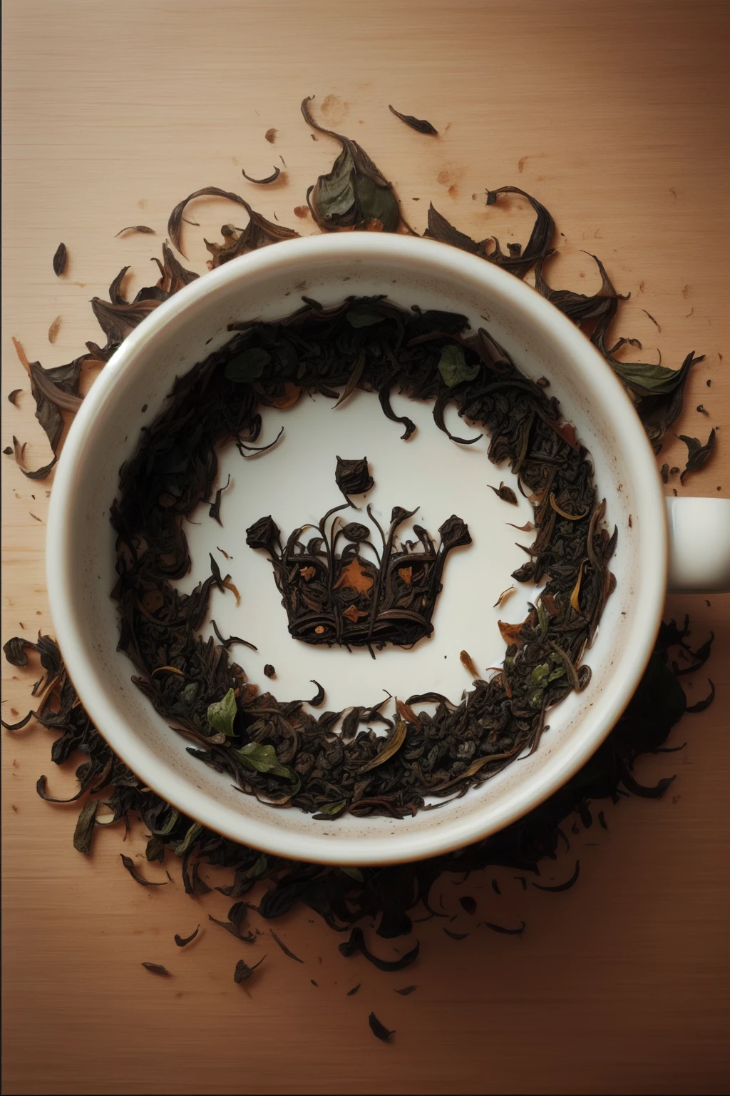 tea leaves forming the shape of a crown on the bottom of an empty tea cup  <lora:Tea_Leaf_Reading_Style_SD15:1.0>