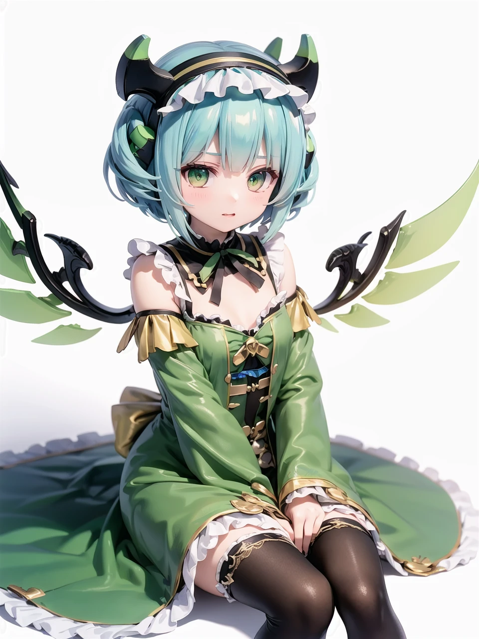 PADastaroth, wings, green hair, hairband, short hair, dress, frills, green eyes, green dress, demon horns, <lora:PADastaroth:0.8>