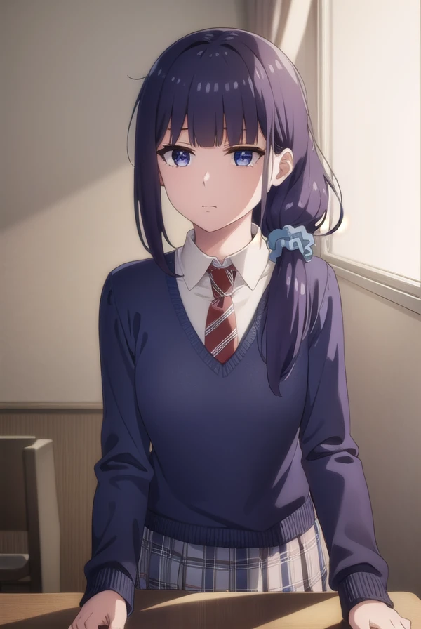 misuzugundou, <lora:misuzu gundou s1-lora-nochekaiser:1>,
misuzu gundou, long hair, bangs, black hair, hair ornament, blunt bangs, scrunchie, hair scrunchie, blue scrunchie, (purple eyes:1.1),
BREAK school uniform, necktie, sweater, red necktie,
BREAK indoors, classroom,
BREAK looking at viewer, (cowboy shot:1.5),
BREAK <lyco:GoodHands-beta2:1>, (masterpiece:1.2), best quality, high resolution, unity 8k wallpaper, (illustration:0.8), (beautiful detailed eyes:1.6), extremely detailed face, perfect lighting, extremely detailed CG, (perfect hands, perfect anatomy),