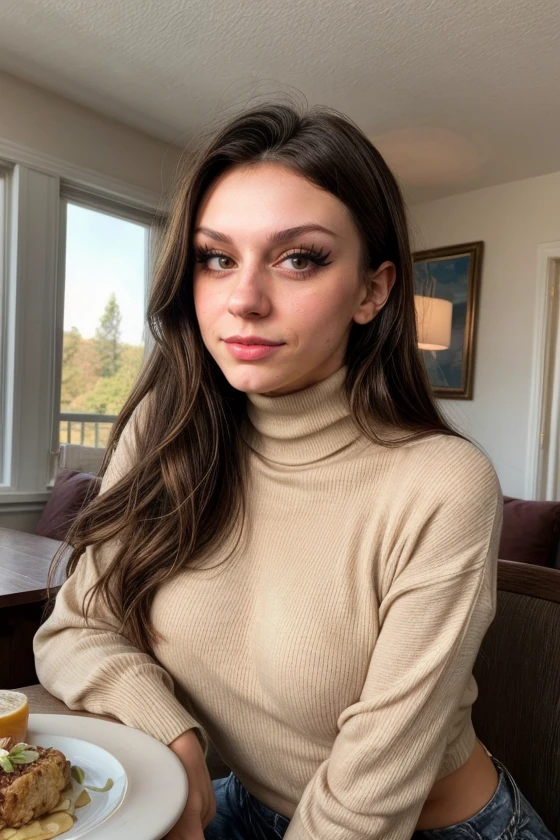 photo of beautiful izzyxx-150, turtleneck sweater, sitting in a breakfast nook, golden hour lighting <lora:add_detail:1>