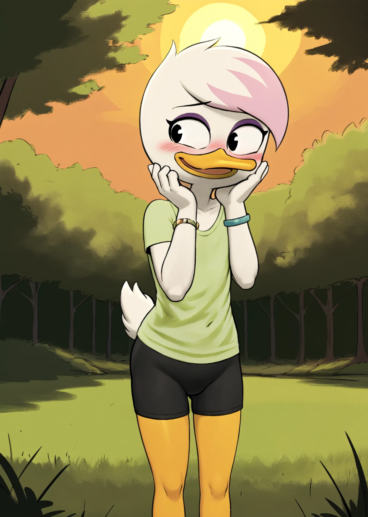 (by drockdraw) (by kyurisawa:1.2) (by chelodoy:1) (by ashraely:1) lena sabrewing, white skin, white hair, pink highlights, light green shirt, bracelet, orange legs:1.2, black eyes, scut tail, ducktales, short hair, standing, solo:1.2, duck, beak, black shorts, tight shorts, hand on chin, eyeliner, purple eyeshadow, bra strap, three-quarter portrait, (outside, tree, sun, grass:1.2) looking aside, short, (embarrassed, blush, smile) <lora:Lena Sabrewing V2.1indigo_adam:0.55>