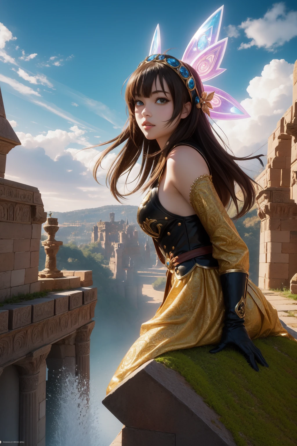 1girl, (character art stylized by Thomas Nast:1.0) and (Christian Griepenkerl:0.9) and (Ward Kimball:0.8) , masterwork detailed mundane, elegant, landscape of a Giant Rusty ([Leptis Magna|Peles Castle]:1.3) in the distance there is a Stadium, Mustard pond with Mossy rock, at Overcast, Dynamic, Fairy-Tale, Romanesque, Neon Light, 35mm, Film Washi, League of Legends Splash Art, blended visuals, pixiv, Best quality