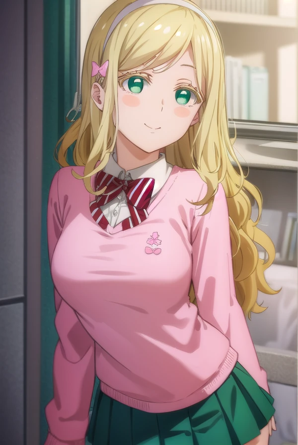 carololston, <lora:carol olston s1-lora-nochekaiser:1>,
carol olston, long hair, blonde hair, (green eyes:1.3), bow, hairband, bowtie, blush stickers, smile,
BREAK skirt, thighhighs, school uniform, pleated skirt, sweater, white thighhighs, zettai ryouiki, pink sweater, pink cardigan,
BREAK indoors,
BREAK looking at viewer, (cowboy shot:1.5),
BREAK <lyco:GoodHands-beta2:1>, (masterpiece:1.2), best quality, high resolution, unity 8k wallpaper, (illustration:0.8), (beautiful detailed eyes:1.6), extremely detailed face, perfect lighting, extremely detailed CG, (perfect hands, perfect anatomy),