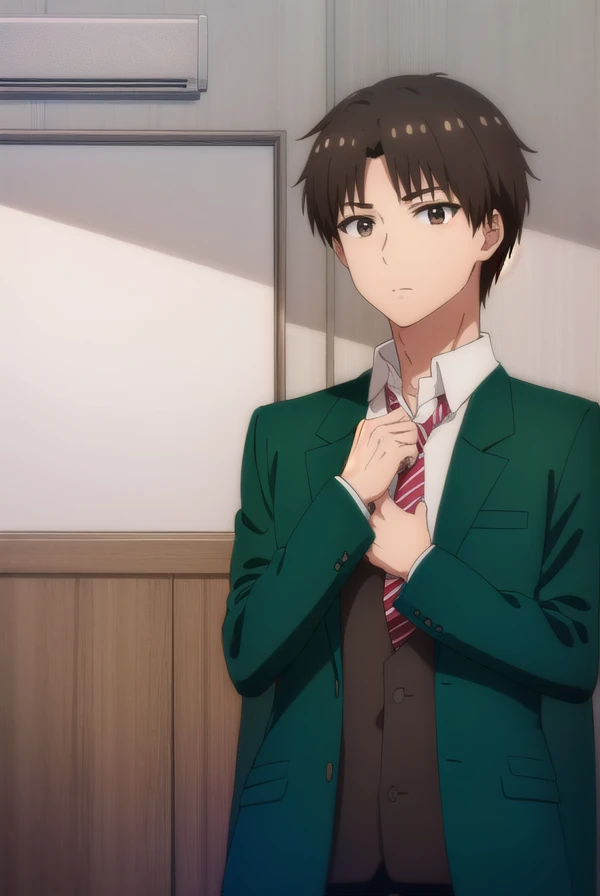 junichiroukubota, <lora:junichirou kubota s1-lora-nochekaiser:1>,
junichirou kubota, short hair, bangs, brown hair, (brown eyes:1.5), male focus,
BREAK shirt, long sleeves, school uniform, jacket, white shirt, open clothes, necktie, collared shirt, pants, open jacket, black pants, blazer, red necktie, (green jacket:1.5), brown pants,
BREAK indoors, classroom,
BREAK looking at viewer, (cowboy shot:1.5),
BREAK <lyco:GoodHands-beta2:1>, (masterpiece:1.2), best quality, high resolution, unity 8k wallpaper, (illustration:0.8), (beautiful detailed eyes:1.6), extremely detailed face, perfect lighting, extremely detailed CG, (perfect hands, perfect anatomy),