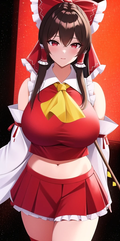 good quality, best quality, highres, absurdres, 8k, 4K, masterpiece, Girl in Japanese shrine maiden outfit, (Hime cut), (super long black hair),(((straight bangs, blunt bangs))),(White headband), Blue eyes, super long black hair, hair ornament, ribbon, smile, Showing her breasts, (Huge breasts:1.3), Cleavage, White kimono, Shoulder-exposing sleeves, open-chested costume, Short skirt, Red Skirt, (upskirt), cameltoe,