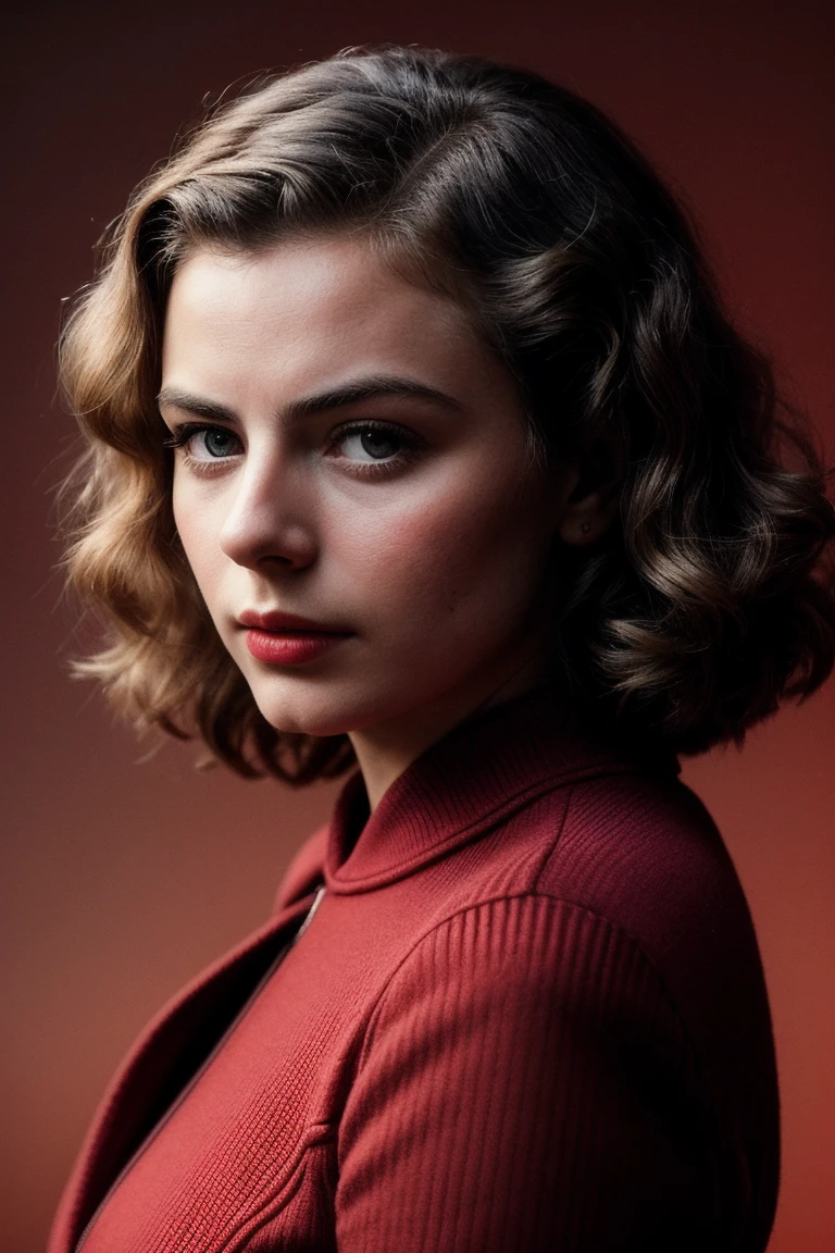photo of (ibrgmn:0.99), a beautiful woman, (closeup portrait), perfect hair, (modern photo, Strawberry bikesuit), 24mm, (analog, cinematic, film grain:1.3), ((plain Cherry Red background, gradient:1.2)), detailed eyes, (seductive pose), (epicPhoto), (looking at viewer), (cinematic shot:1.3)