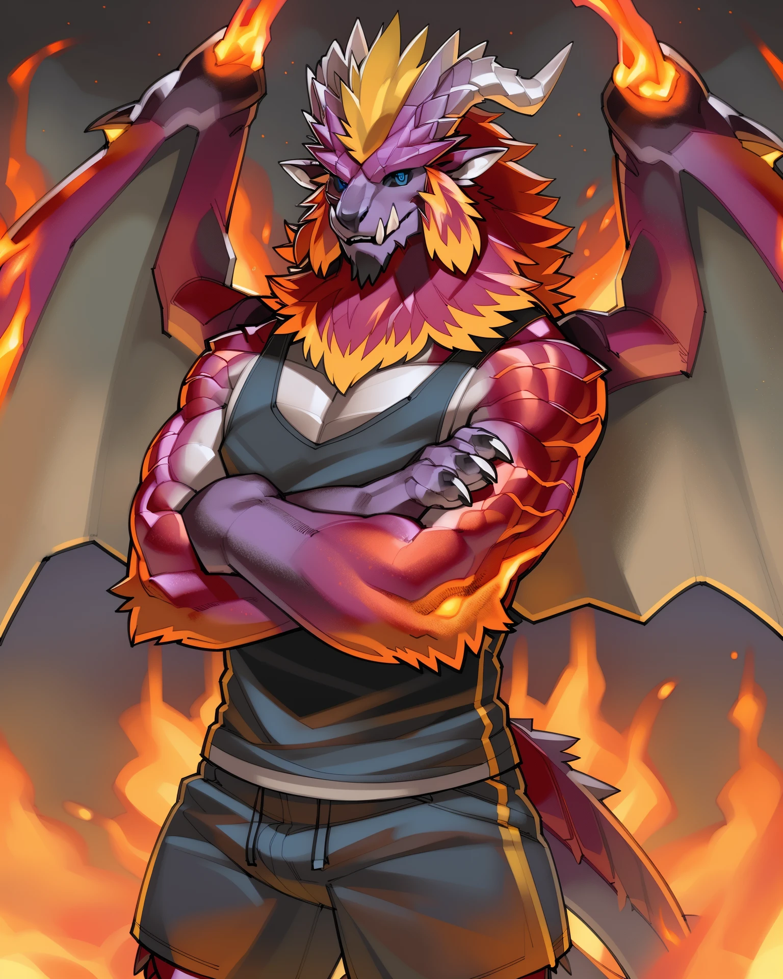 <lora:MH_Lunastra & Teostra_a2_3_VPred:1>,
character portrait of a,anthro,male,teostra,solo,hi res,
detailed background,outdoors,by kame 3,three-quarter view,blue eyes,black sclera,volcano,fire,wings,muscular,tank top,shorts,crossed arms,